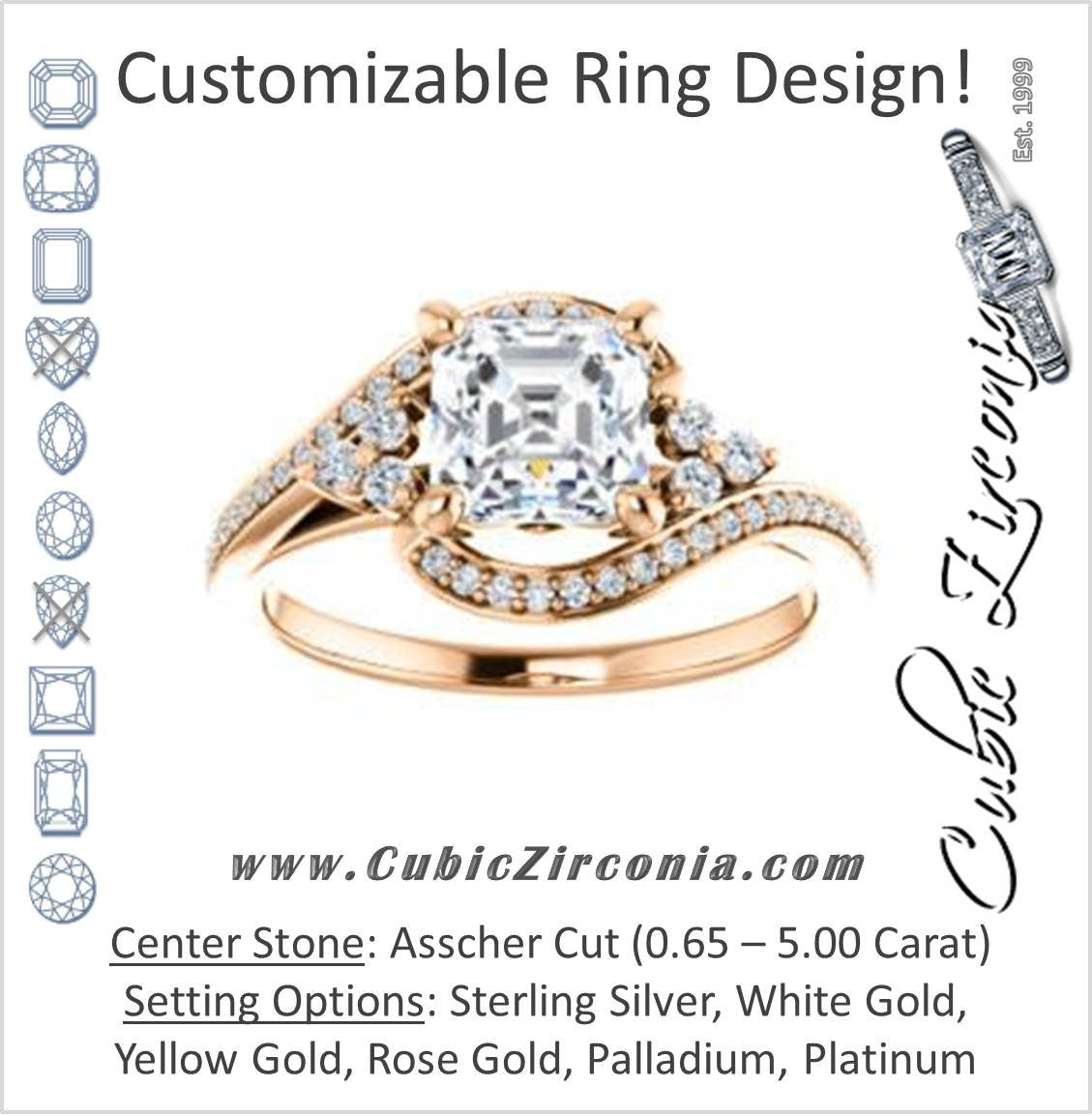 Cubic Zirconia Engagement Ring- The Candie (Customizable Asscher Cut with Artisan Bypass Pavé and 7-stone Cluster)