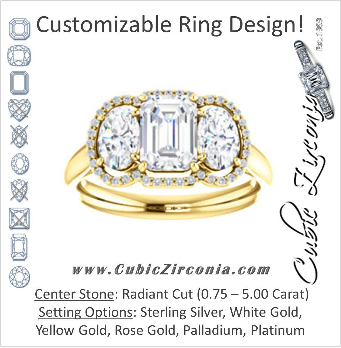 Cubic Zirconia Engagement Ring- The Carissa (Customizable Radiant Cut 3-stone Halo Style with Oval Accents)