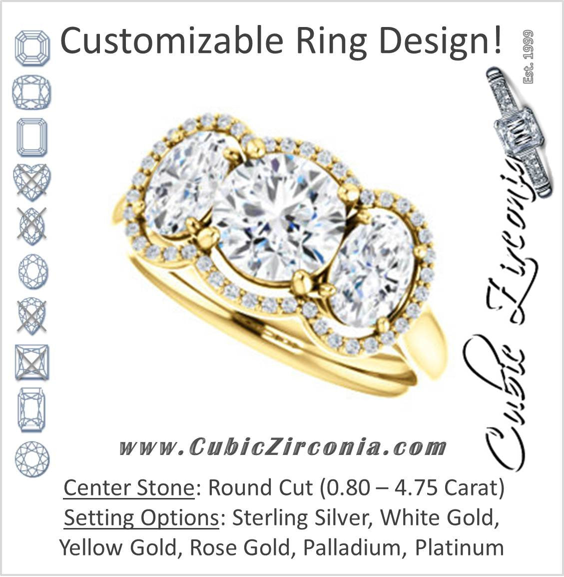 Cubic Zirconia Engagement Ring- The Carissa (Customizable Round Cut 3-stone Halo Style with Oval Accents)