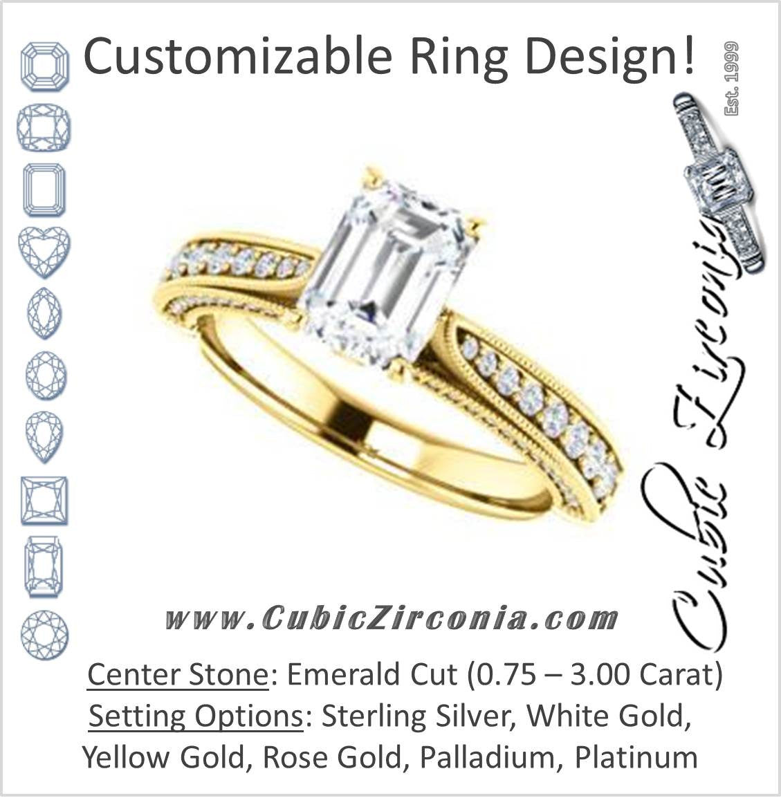 Cubic Zirconia Engagement Ring- The Claudia Jeanine (Customizable Emerald Cut Three Sided Band)