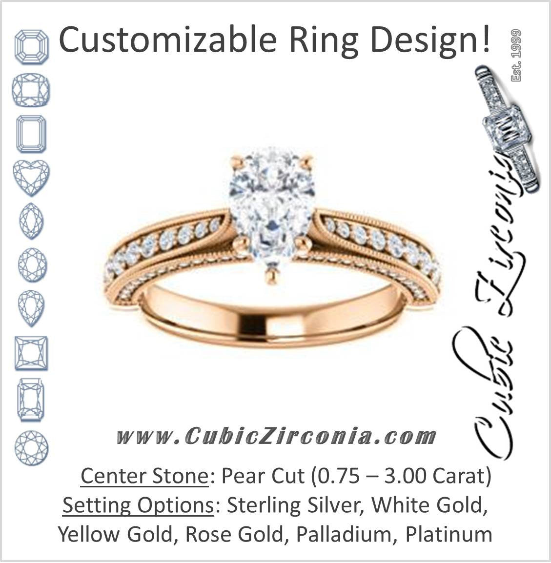 Cubic Zirconia Engagement Ring- The Claudia Jeanine (Customizable Pear Cut Three Sided Band)