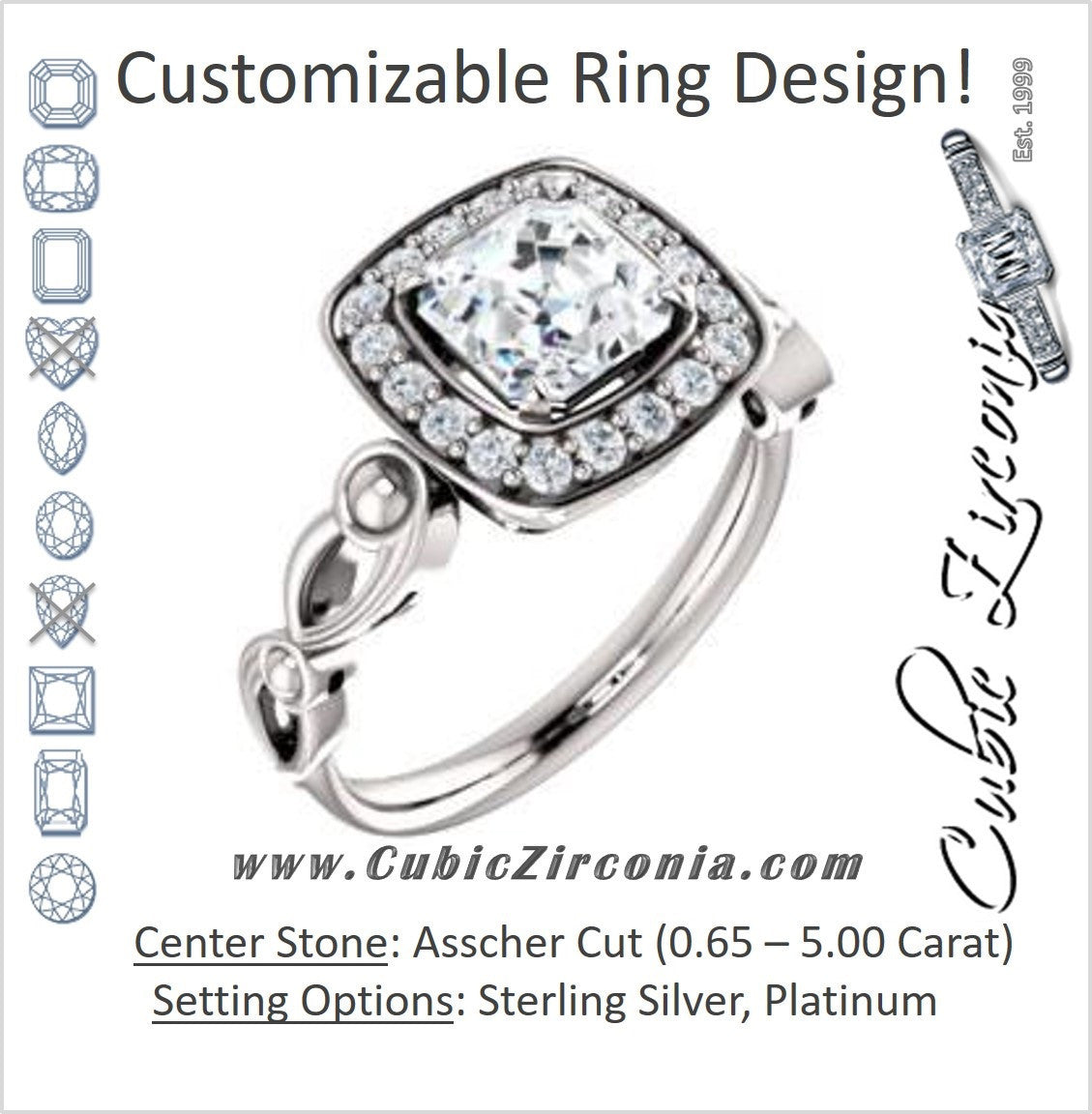 Cubic Zirconia Engagement Ring- The Deb (Customizable Asscher Cut Design with Large Halo, Fleur-de-lis Trellis and Bubbled Infinity Band)