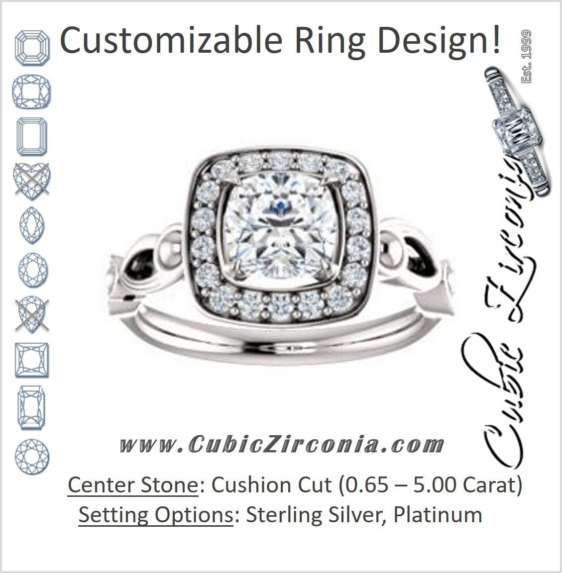 Cubic Zirconia Engagement Ring- The Deb (Customizable Cushion Cut Design with Large Halo, Fleur-de-lis Trellis and Bubbled Infinity Band)