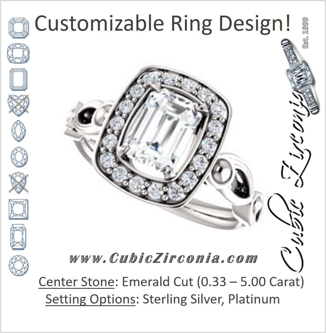 Cubic Zirconia Engagement Ring- The Deb (Customizable Emerald Cut Design with Large Halo, Fleur-de-lis Trellis and Bubbled Infinity Band)