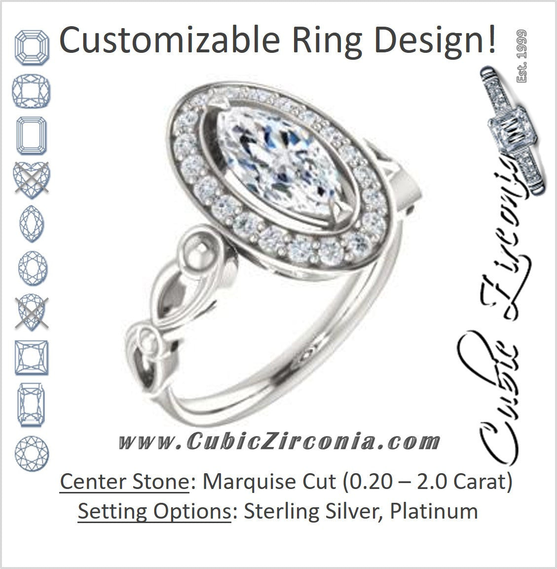 Cubic Zirconia Engagement Ring- The Deb (Customizable Marquise Cut Design with Large Halo, Fleur-de-lis Trellis and Bubbled Infinity Band)