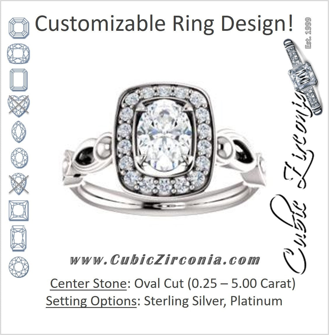Cubic Zirconia Engagement Ring- The Deb (Customizable Oval Cut Design with Large Halo, Fleur-de-lis Trellis and Bubbled Infinity Band)