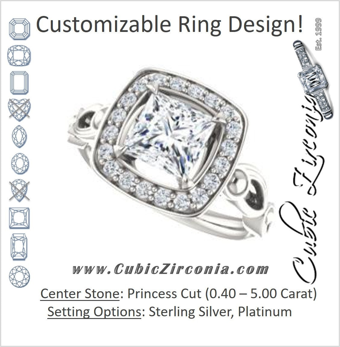Cubic Zirconia Engagement Ring- The Deb (Customizable Princess Cut Design with Large Halo, Fleur-de-lis Trellis and Bubbled Infinity Band)