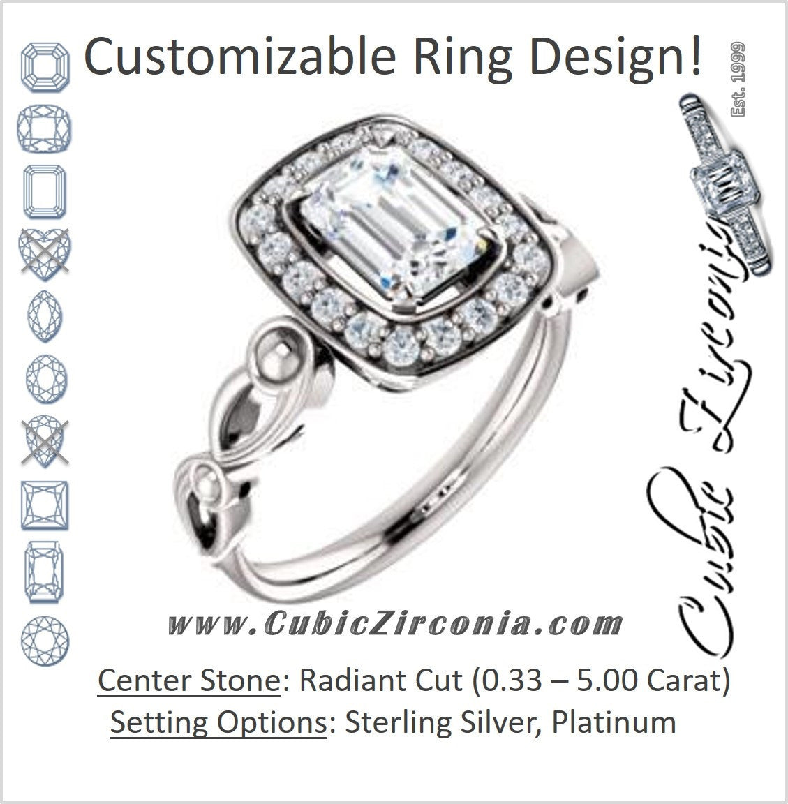 Cubic Zirconia Engagement Ring- The Deb (Customizable Radiant Cut Design with Large Halo, Fleur-de-lis Trellis and Bubbled Infinity Band)