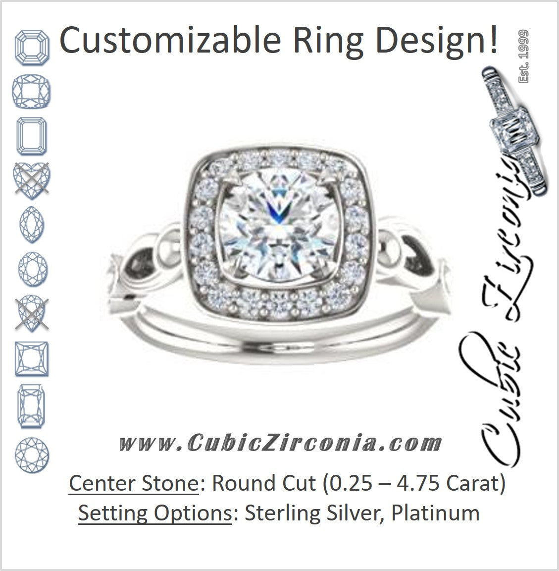 Cubic Zirconia Engagement Ring- The Deb (Customizable Round Cut Design with Large Halo, Fleur-de-lis Trellis and Bubbled Infinity Band)