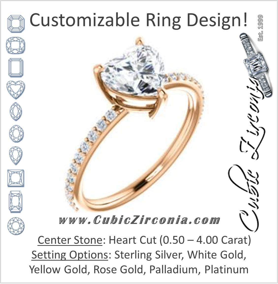 Cubic Zirconia Engagement Ring- The Delilah (Customizable Heart Cut Petite Style with 3/4 Pavé Band)
