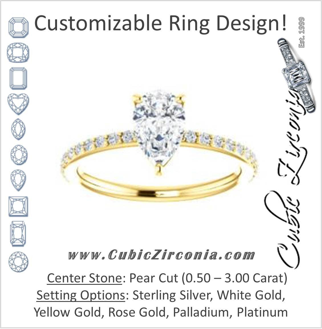 Cubic Zirconia Engagement Ring- The Delilah (Customizable Pear Cut Petite Style with 3/4 Pavé  Band)
