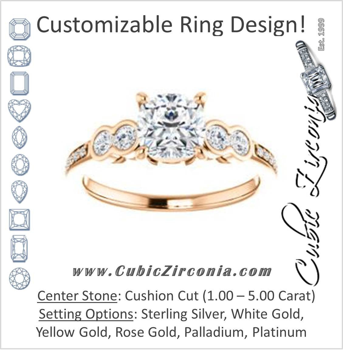 Cubic Zirconia Engagement Ring- The Eneroya (Customizable Enhanced 5-stone Cushion Cut Design with Thin Pavé Band)