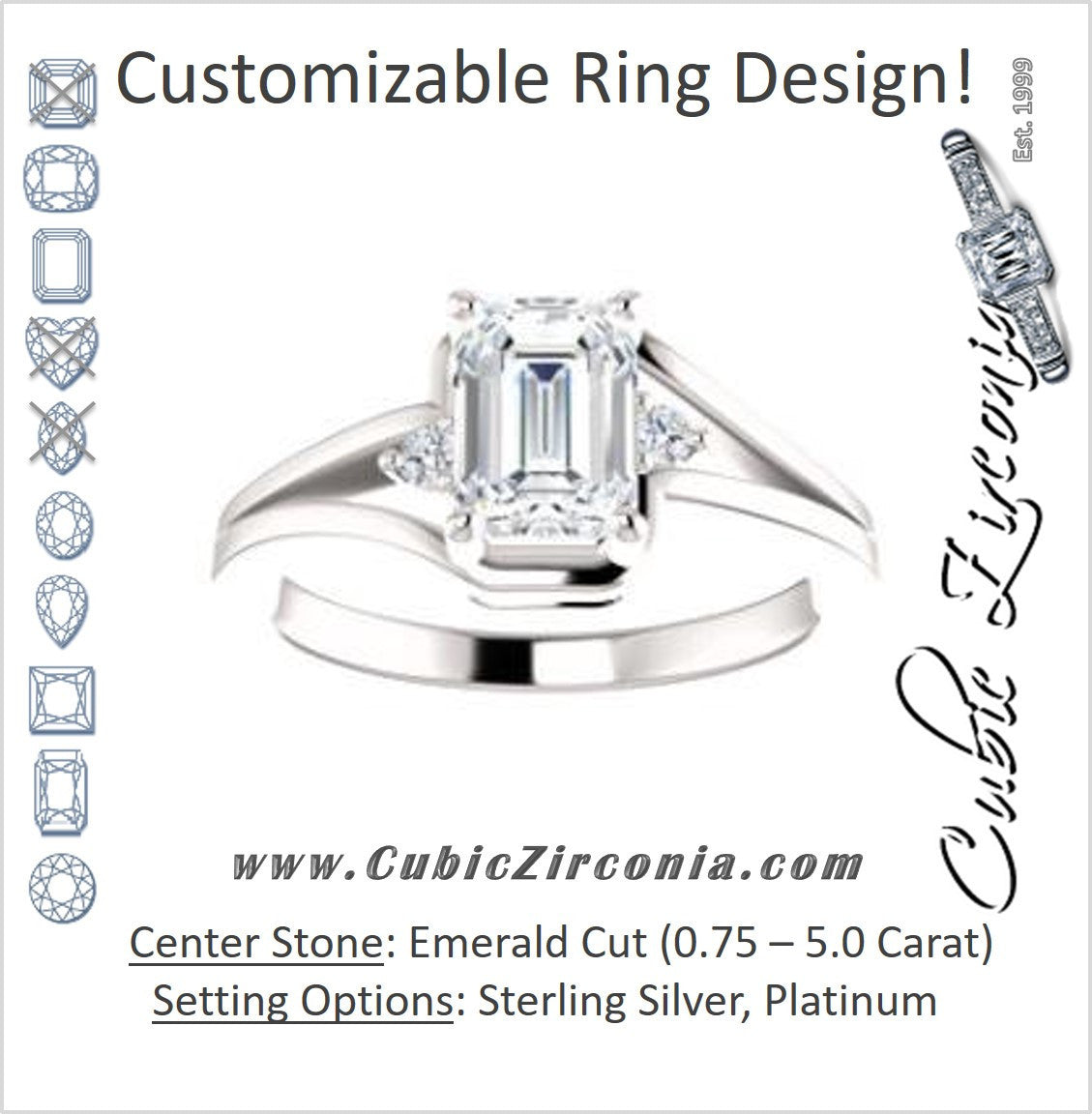 Cubic Zirconia Engagement Ring- The Erma (Customizable Emerald Cut 3-stone Style with Small Round Cut Accents and Tapered Split Band)