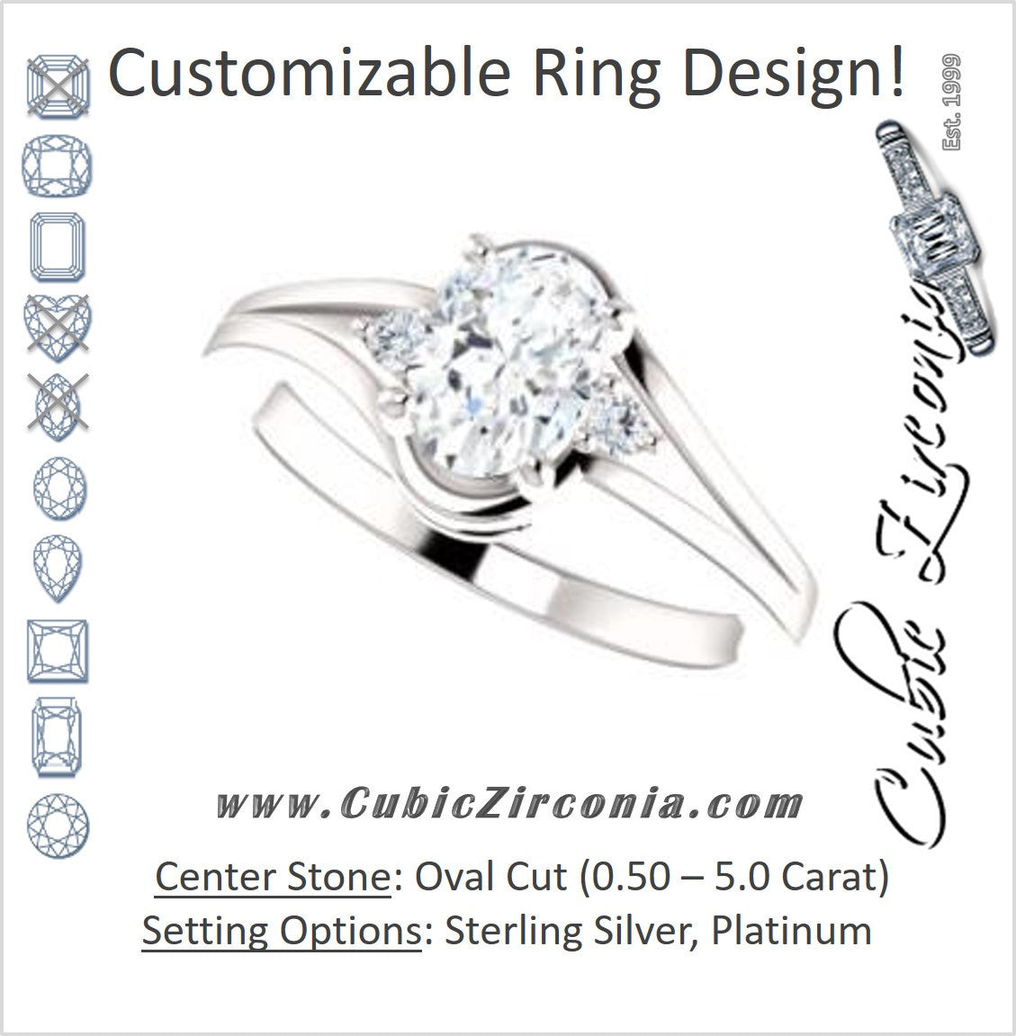 Cubic Zirconia Engagement Ring- The Erma (Customizable Oval Cut 3-stone Style with Small Round Cut Accents and Tapered Split Band)