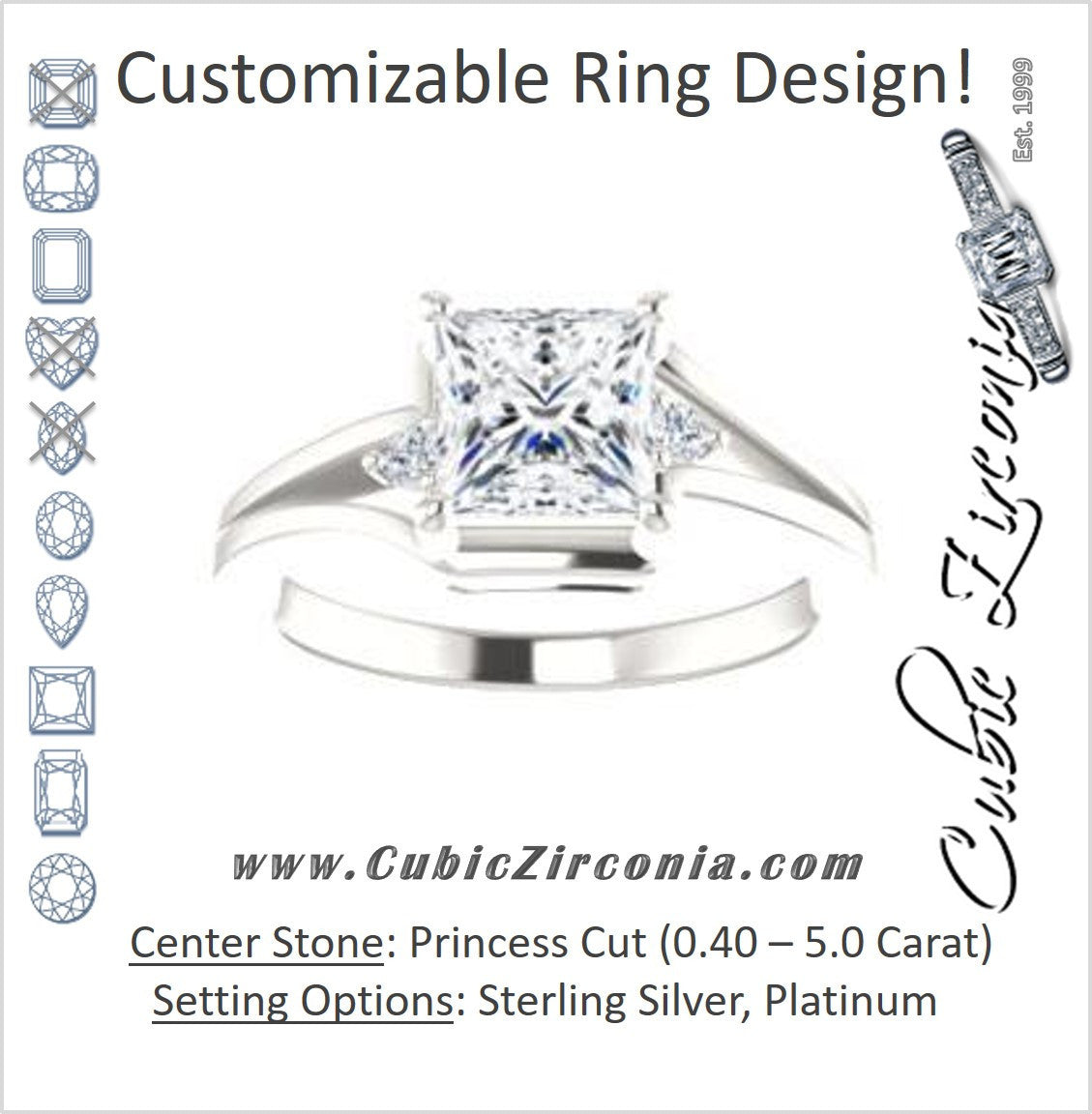 Cubic Zirconia Engagement Ring- The Erma (Customizable Princess Cut 3-stone Style with Small Round Cut Accents and Tapered Split Band)