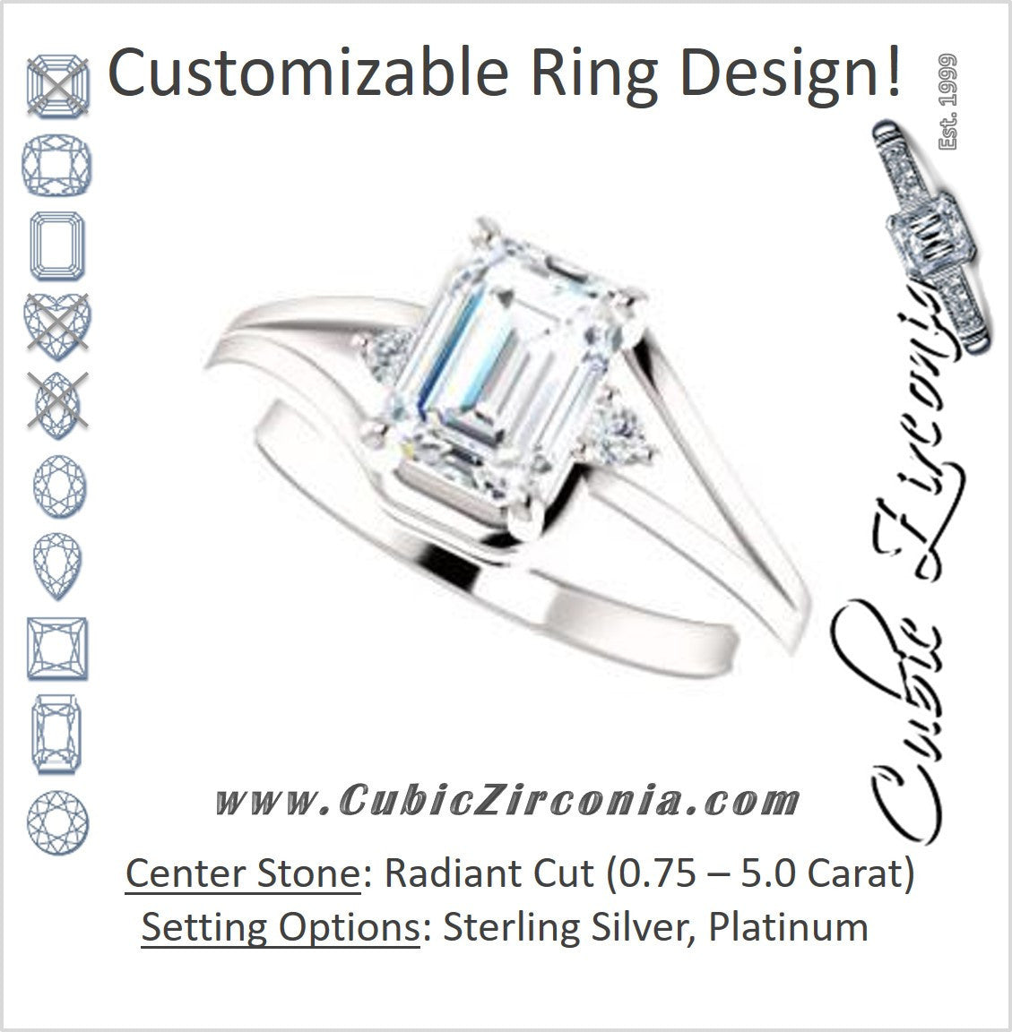 Cubic Zirconia Engagement Ring- The Erma (Customizable Radiant Cut 3-stone Style with Small Round Cut Accents and Tapered Split Band)