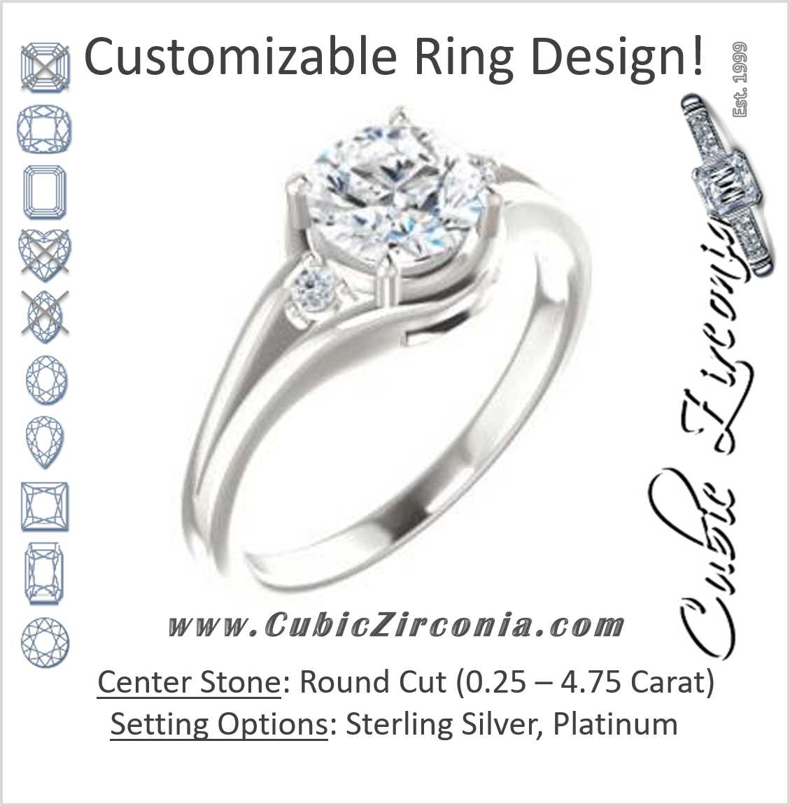 Cubic Zirconia Engagement Ring- The Erma (Customizable Round Cut 3-stone Style with Small Round Cut Accents and Tapered Split Band)