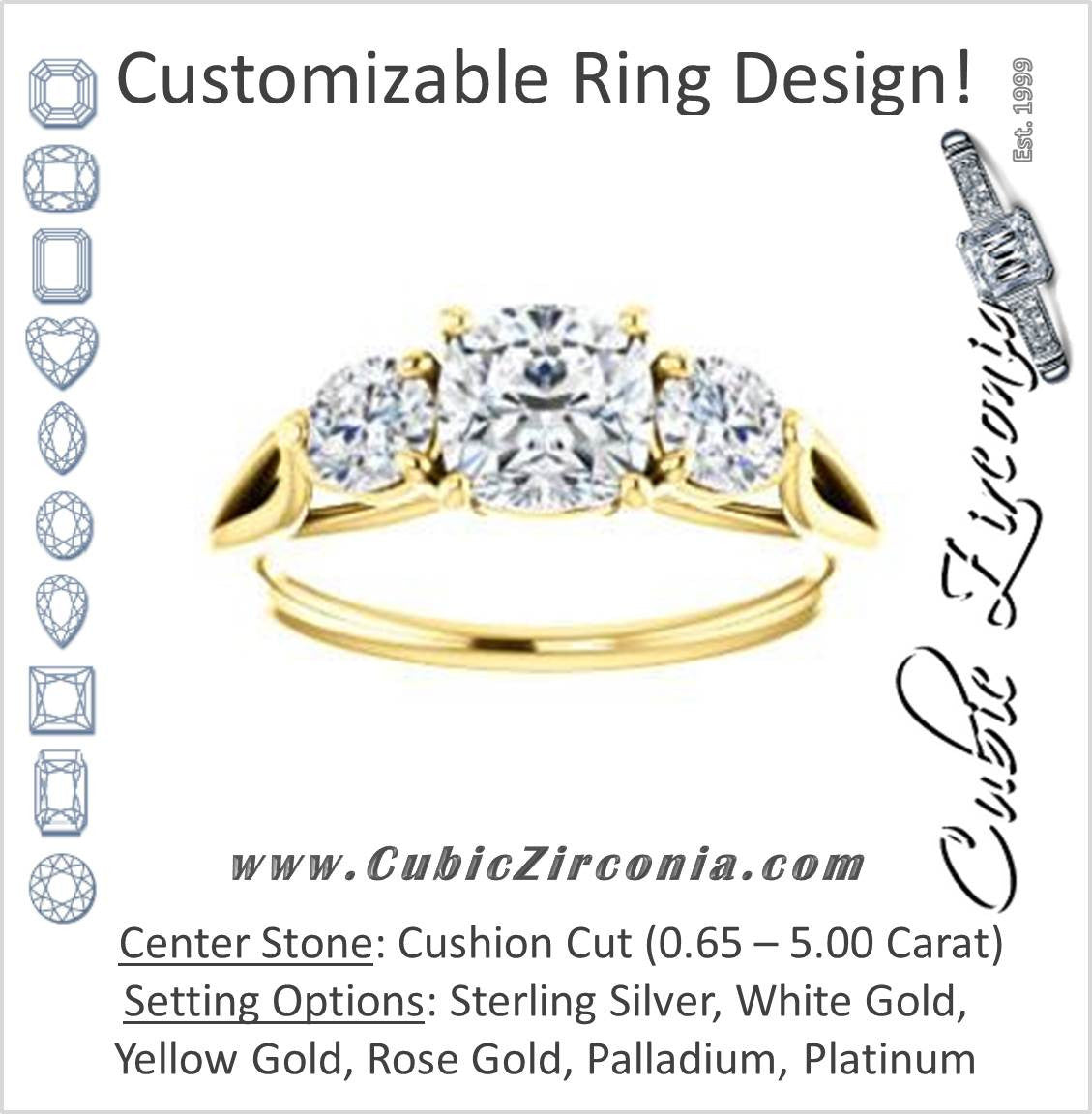 Cubic Zirconia Engagement Ring- The Estefi (Customizable Cathedral-set Cushion Cut 3-stone Design with Round Accents & Split Band)