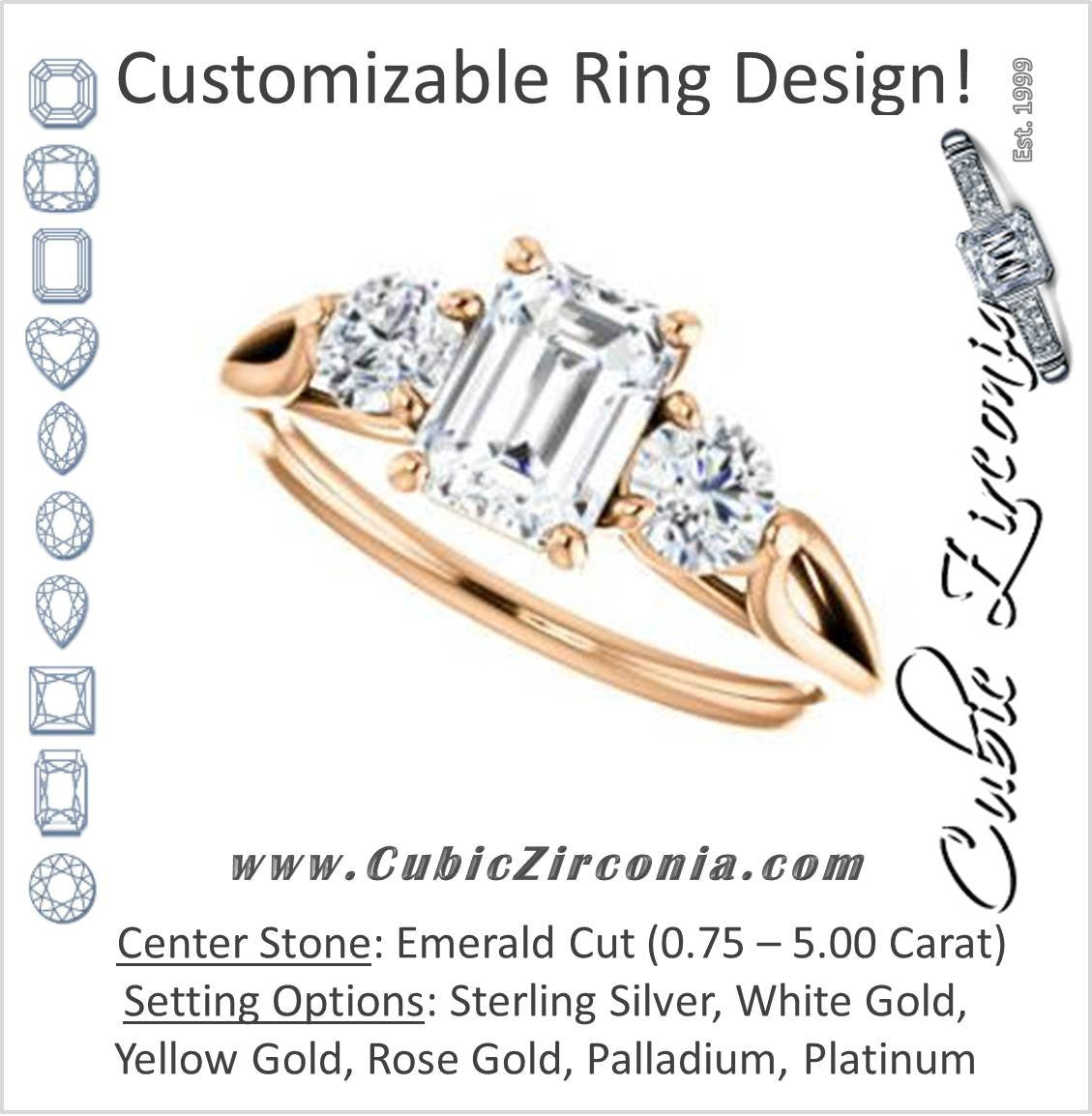 Cubic Zirconia Engagement Ring- The Estefi (Customizable Cathedral-set Emerald Cut 3-stone Design with Round Accents & Split Band)