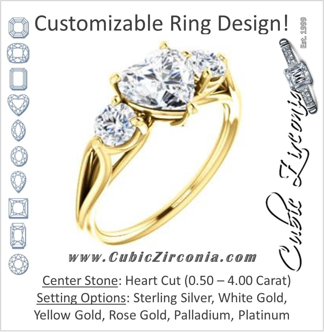 Cubic Zirconia Engagement Ring- The Estefi (Customizable Cathedral-set Heart Cut 3-stone Design with Round Accents & Split Band)