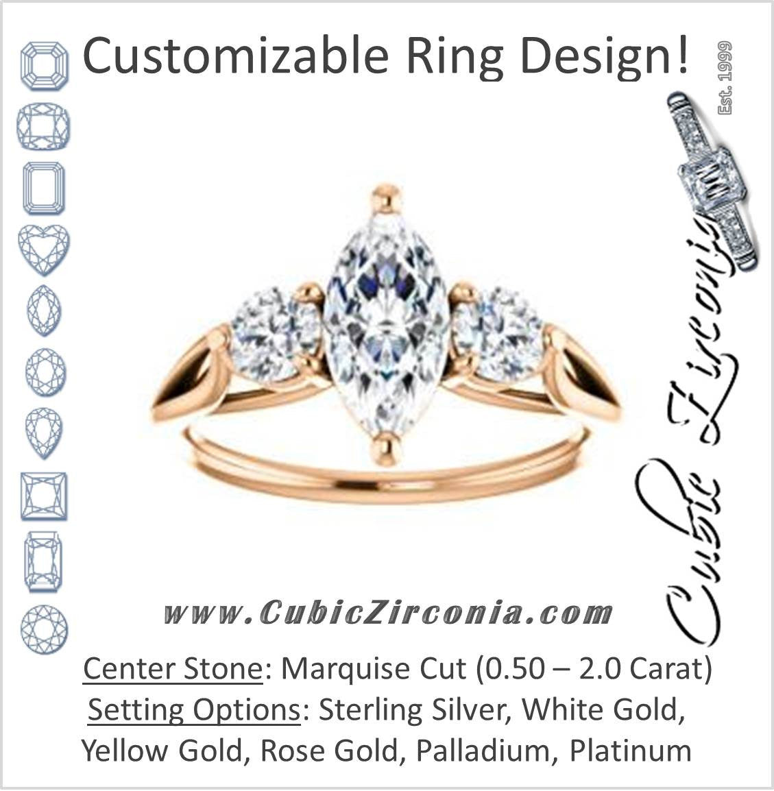 Cubic Zirconia Engagement Ring- The Estefi (Customizable Cathedral-set Marquise Cut 3-stone Design with Round Accents & Split Band)