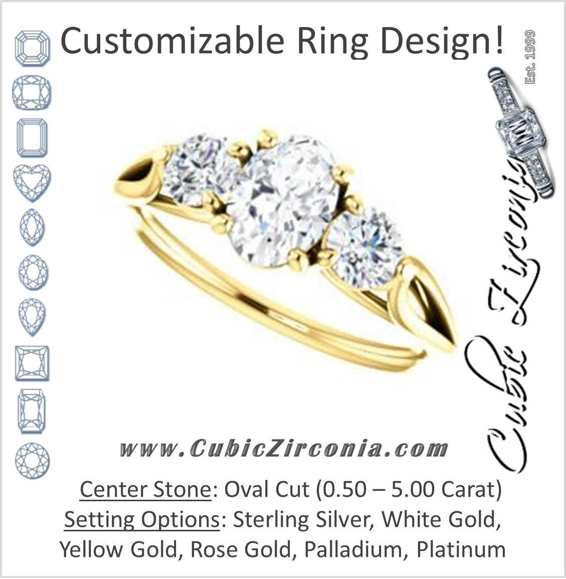 Cubic Zirconia Engagement Ring- The Estefi (Customizable Cathedral-set Oval Cut 3-stone Design with Round Accents & Split Band)