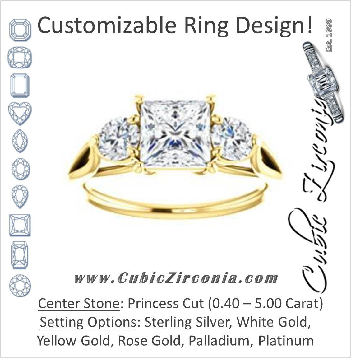 Cubic Zirconia Engagement Ring- The Estefi (Customizable Cathedral-set Princess Cut 3-stone Design with Round Accents & Split Band)
