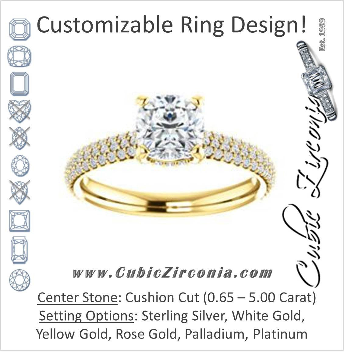 Cubic Zirconia Engagement Ring- The Fatima (Customizable Cushion Cut Center with Triple Pavé Band)