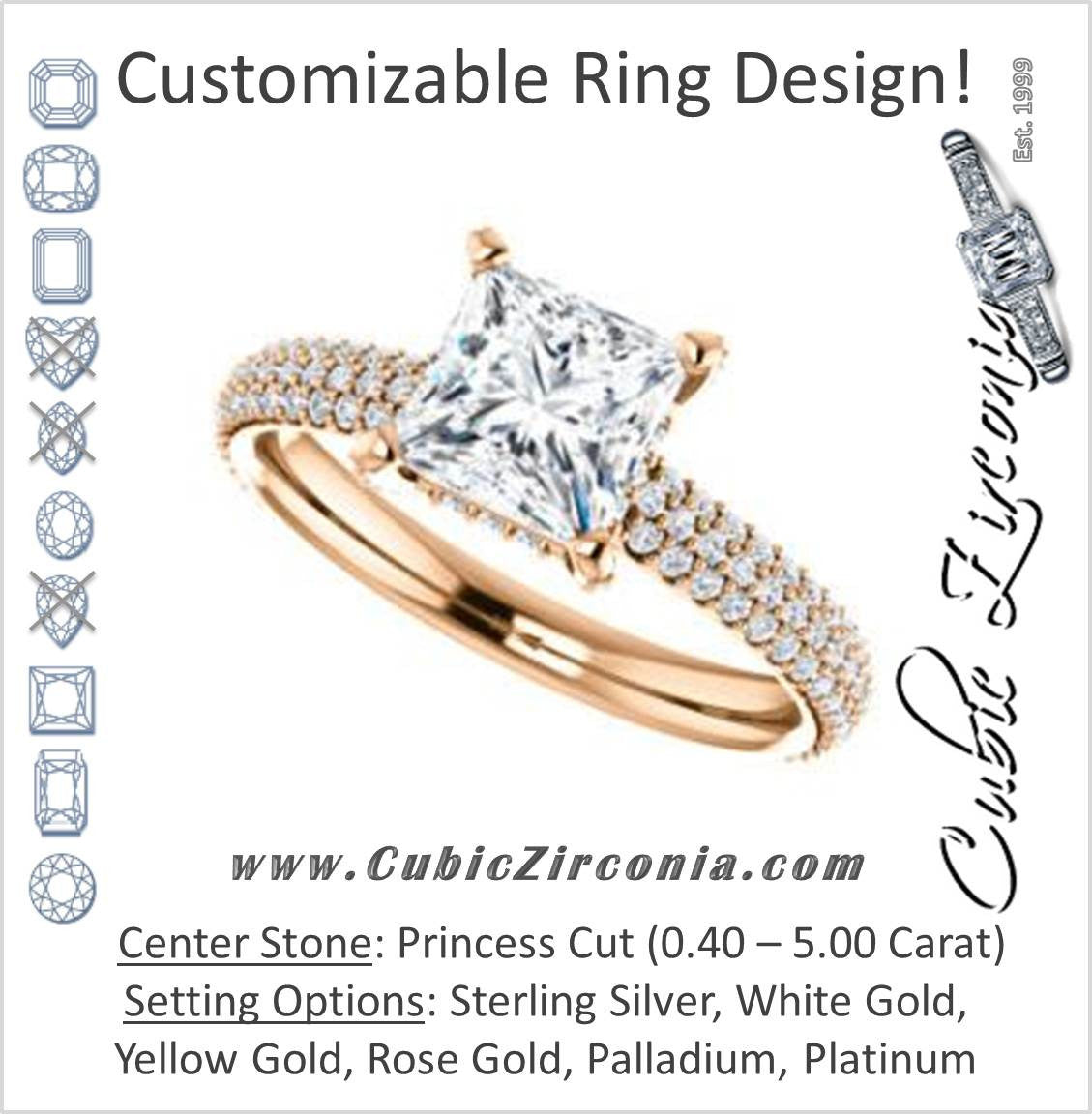 Cubic Zirconia Engagement Ring- The Fatima (Customizable Princess Cut Center with Triple Pavé Band)