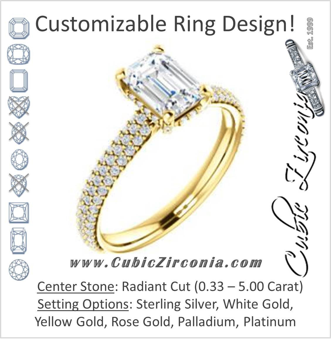 Cubic Zirconia Engagement Ring- The Fatima (Customizable Radiant Cut Center with Triple Pavé Band)
