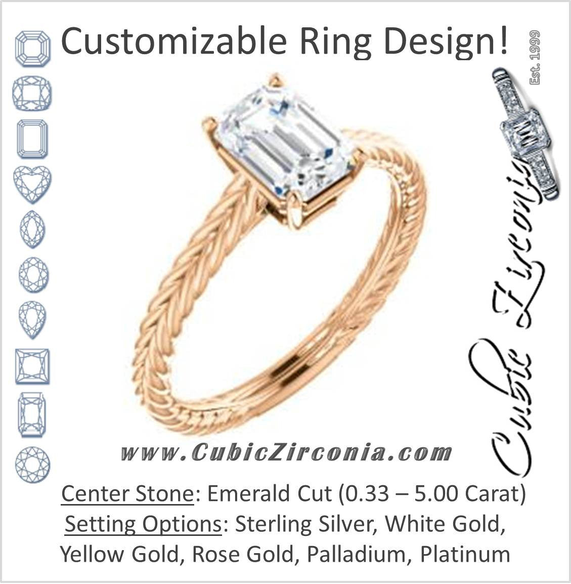 Cubic Zirconia Engagement Ring- The Florence (Customizable Cathedral-set Emerald Cut Solitaire with Vintage Braided Metal Band)