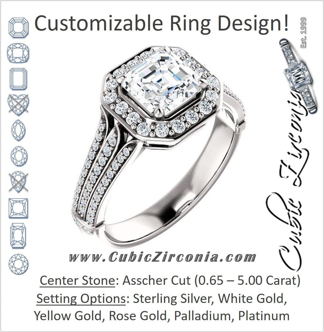 Cubic Zirconia Engagement Ring- The Frannie (Customizable Asscher Cut Style with Halo and Tri-Split Pavé Band)