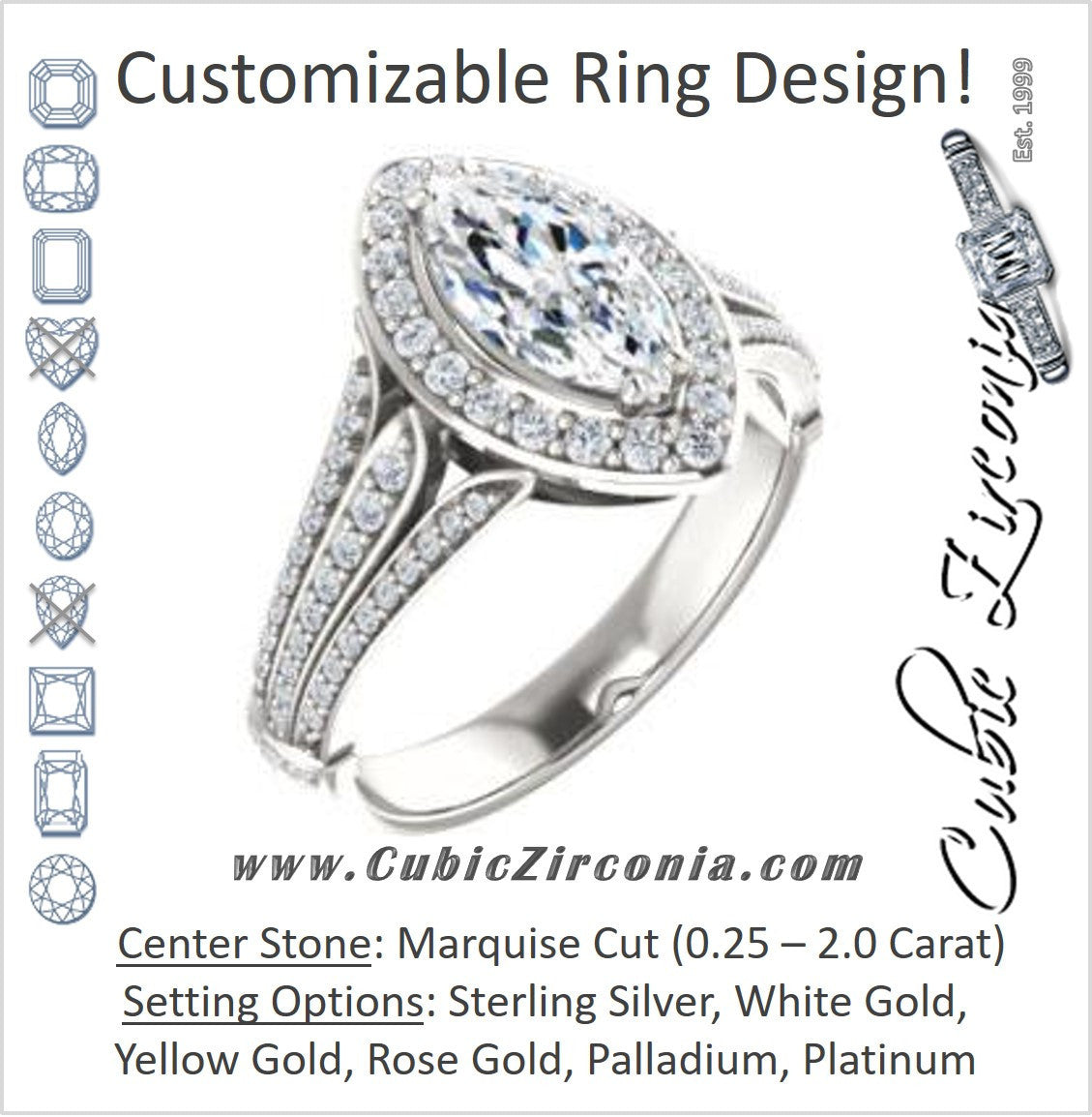 Cubic Zirconia Engagement Ring- The Frannie (Customizable Marquise Cut Style with Halo and Tri-Split Pavé Band)