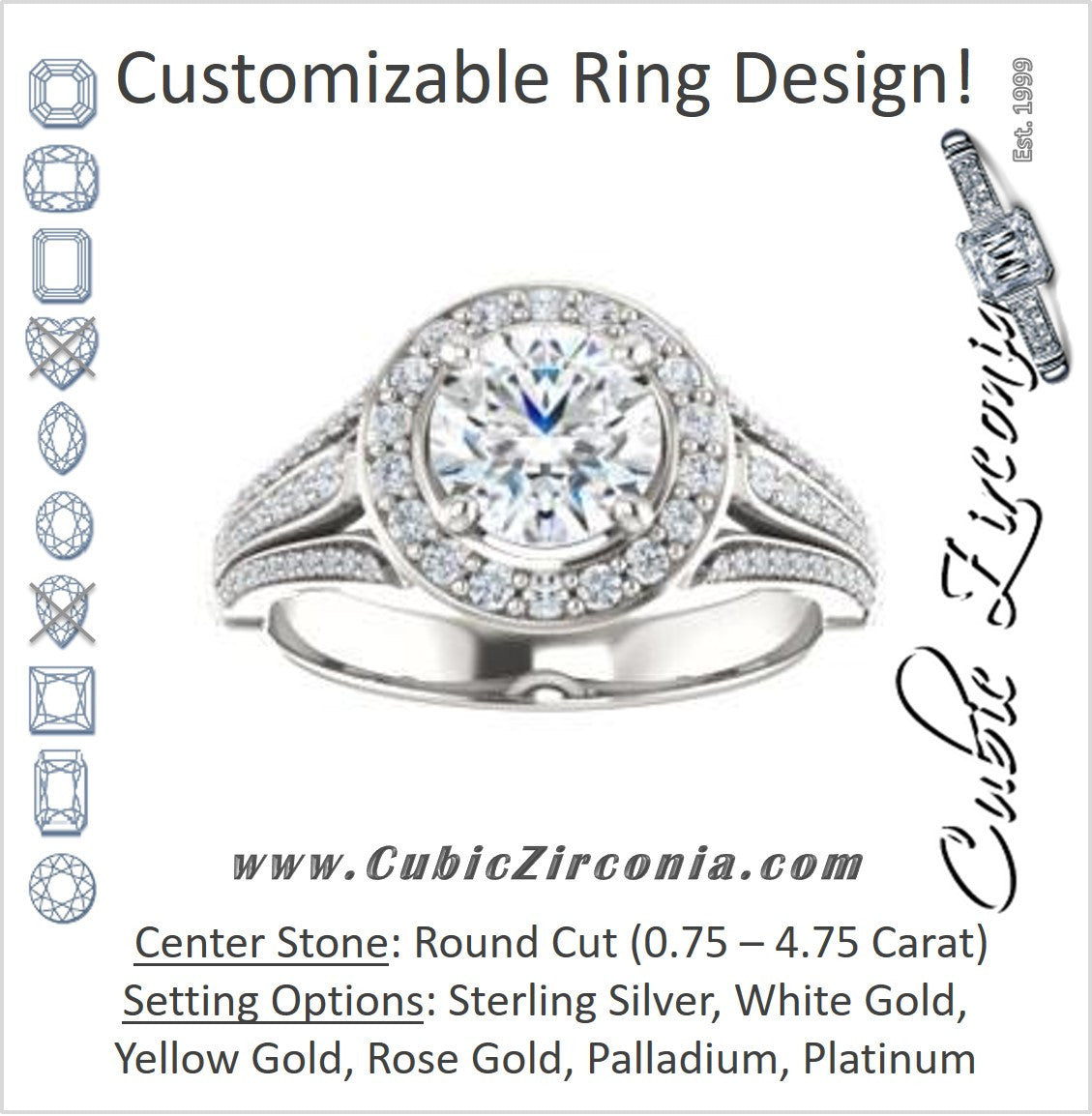 Cubic Zirconia Engagement Ring- The Frannie (Customizable Round Cut Style with Halo and Tri-Split Pavé Band)