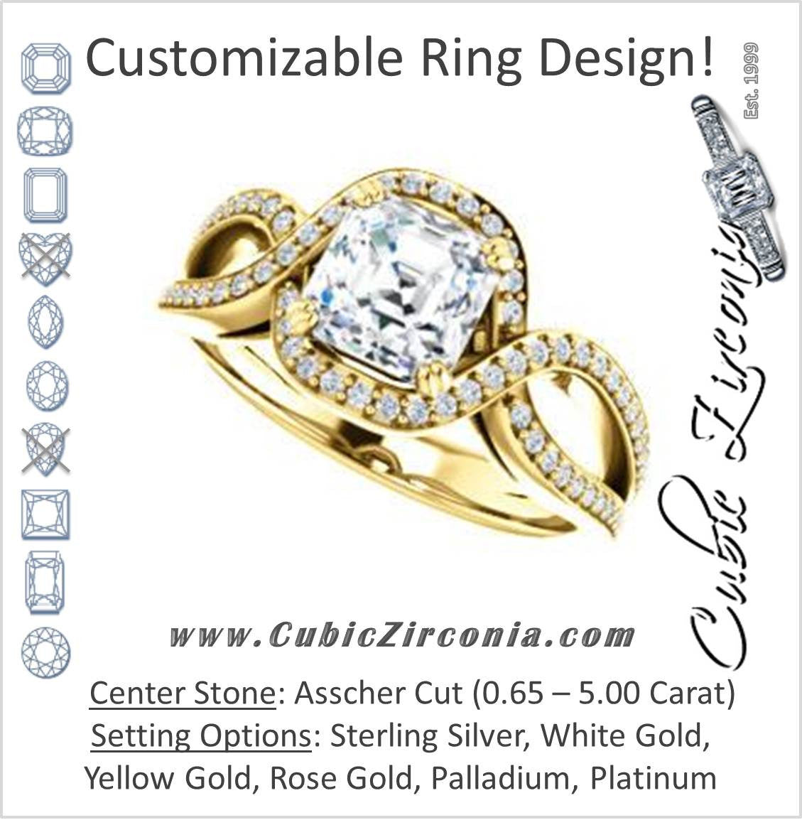 Cubic Zirconia Engagement Ring- The Goldie (Customizable Asscher Cut Center with Twisty Split-Pavé Band and Artisan Halo)