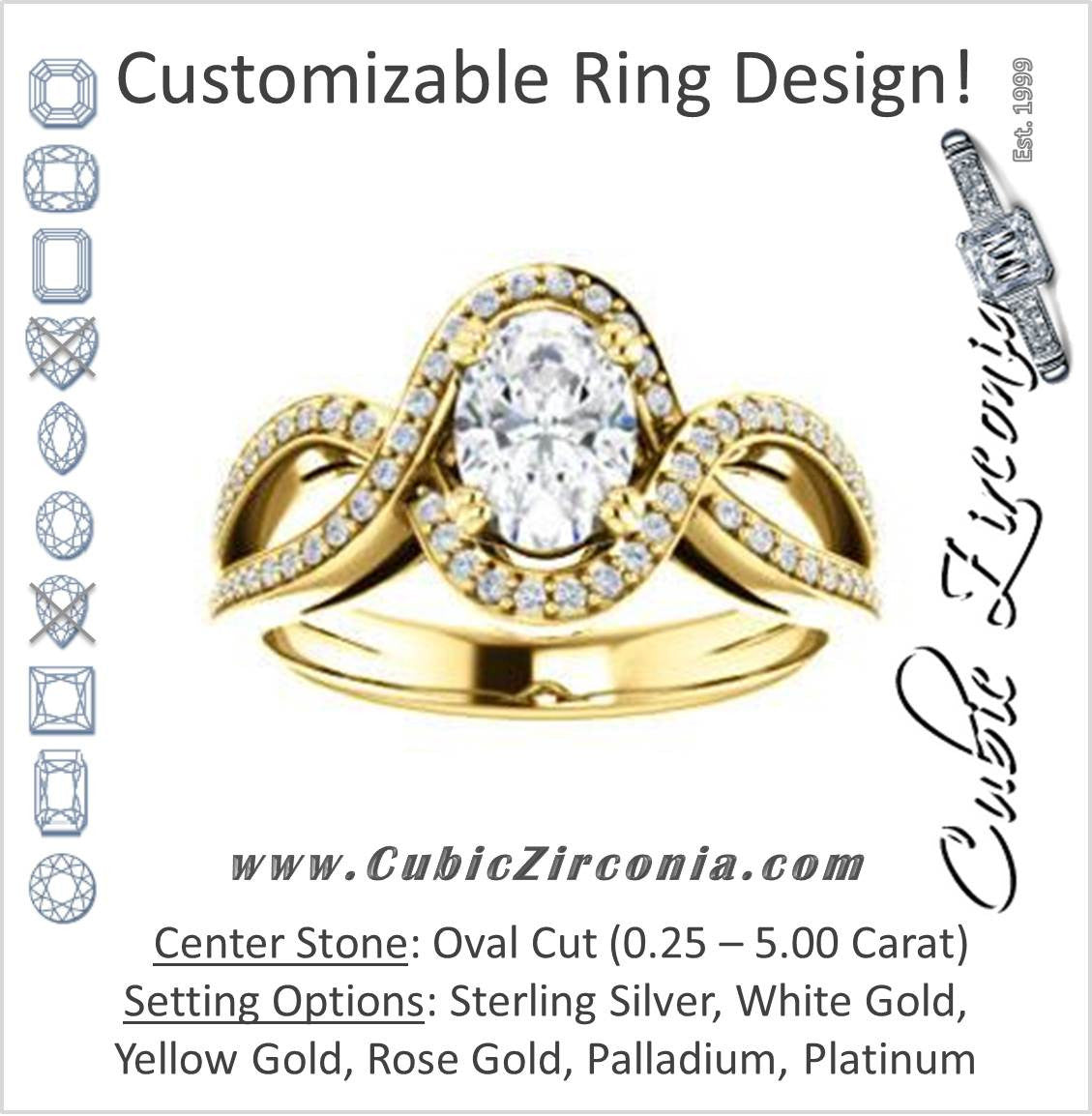 Cubic Zirconia Engagement Ring- The Goldie (Customizable Oval Cut Center with Twisty Split-Pavé Band and Artisan Halo)