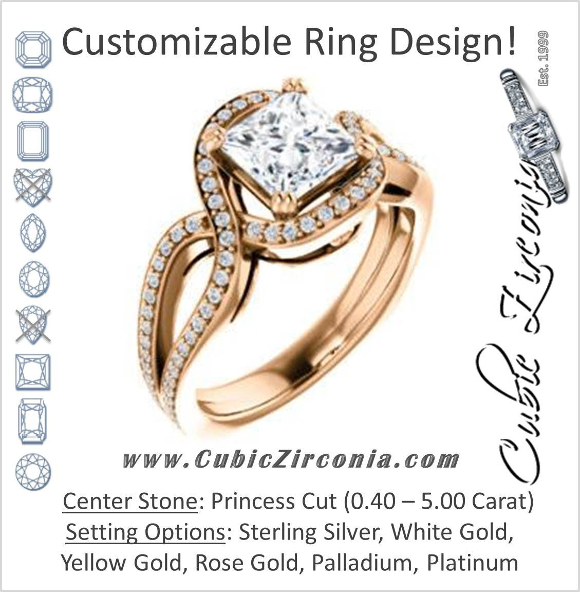 Cubic Zirconia Engagement Ring- The Goldie (Customizable Princess Cut Center with Twisty Split-Pavé Band and Artisan Halo)