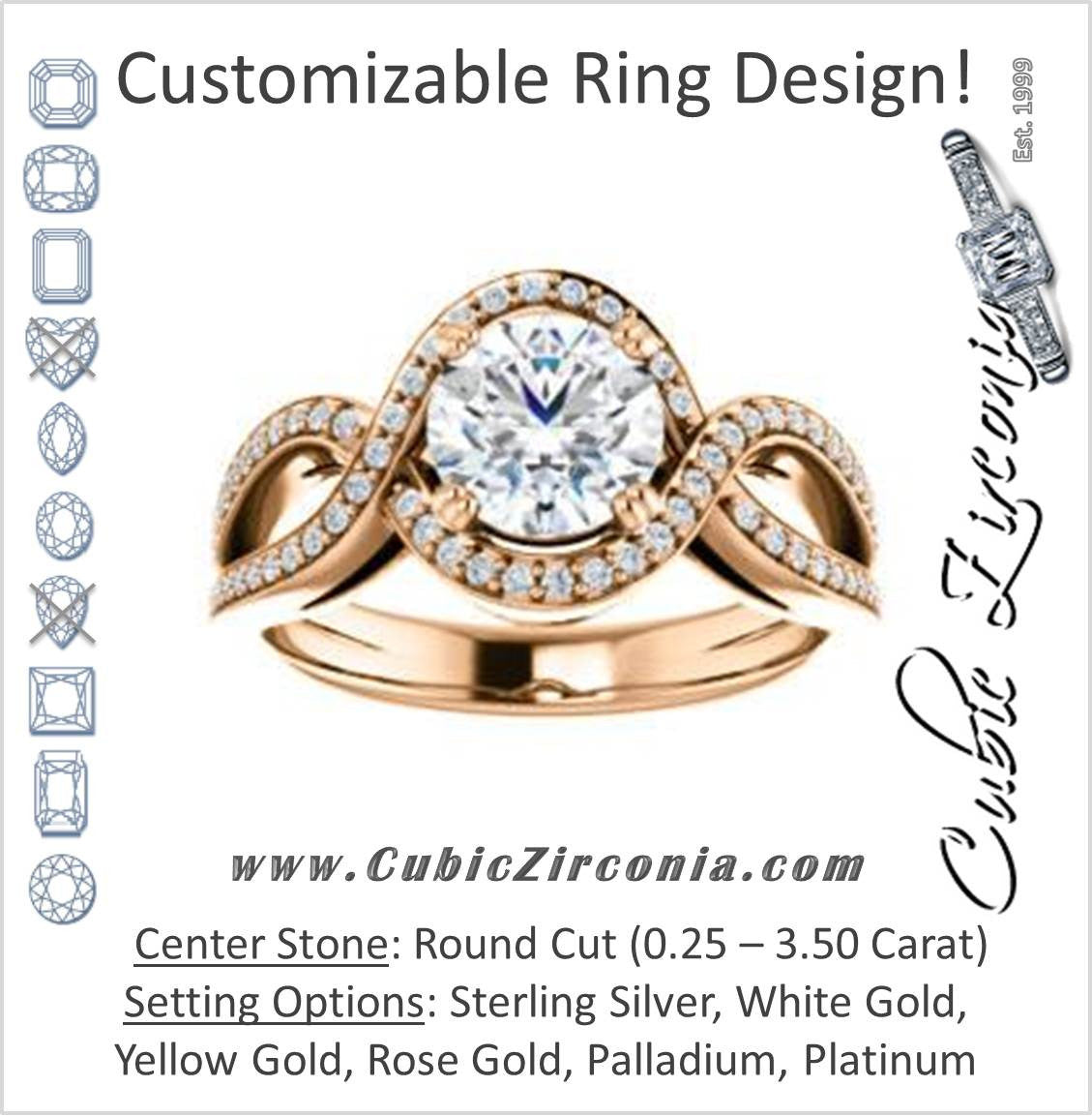 Cubic Zirconia Engagement Ring- The Goldie (Customizable Round Cut Center with Twisty Split-Pavé Band and Artisan Halo)