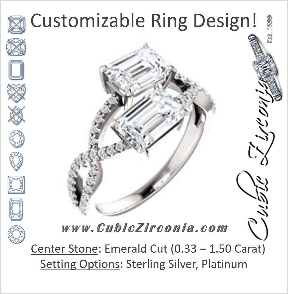 Cubic Zirconia Engagement Ring- The Harleigh (Customizable 2-stone Emerald Cut Artisan Style With Twisting Split-Pavé Band)