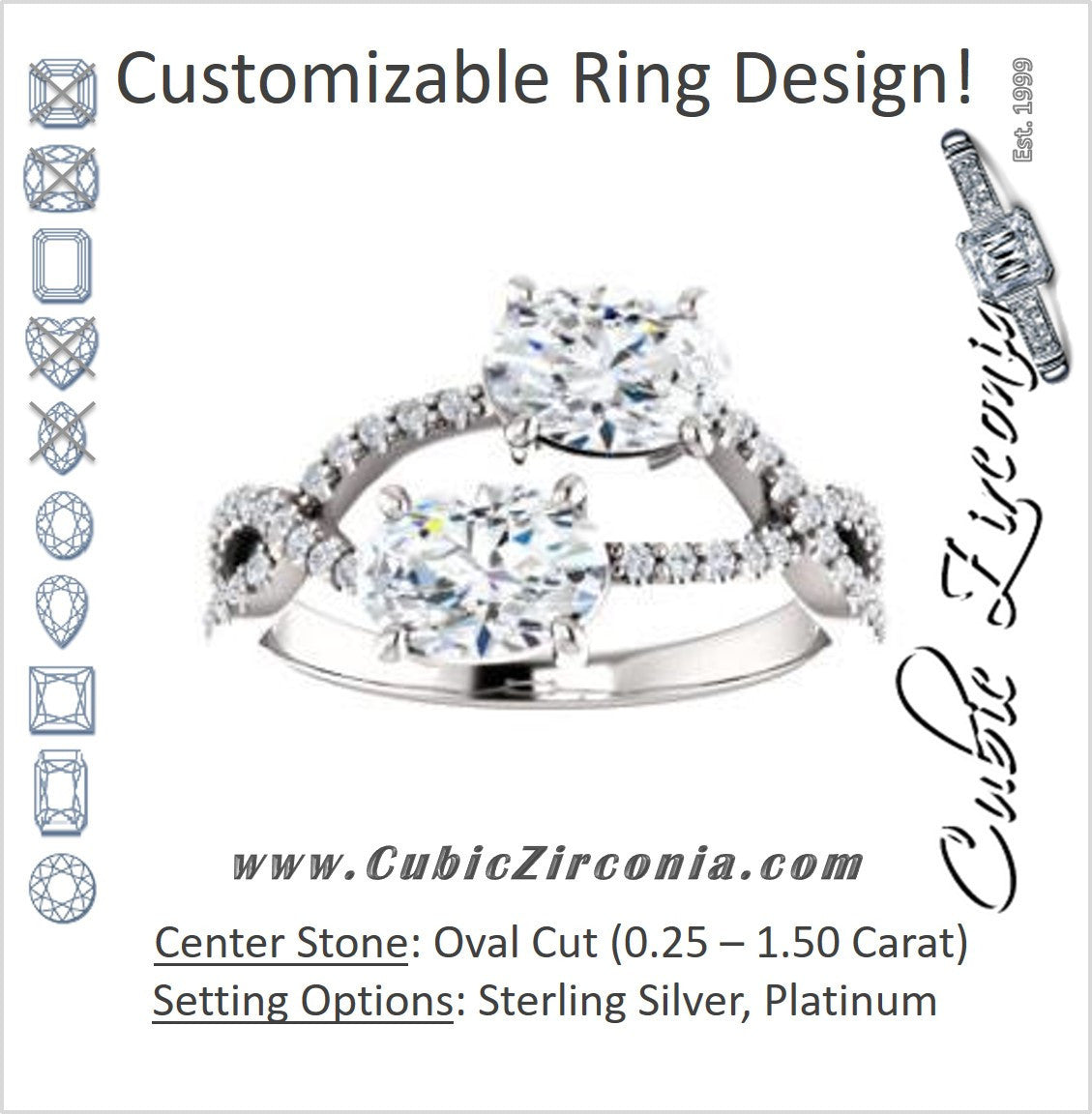 Cubic Zirconia Engagement Ring- The Harleigh (Customizable 2-stone Oval Cut Artisan Style With Twisting Split-Pavé Band)