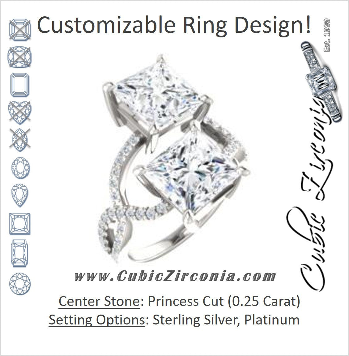 Cubic Zirconia Engagement Ring- The Harleigh (Customizable 2-stone Princess Cut Artisan Style With Twisting Split-Pavé Band)