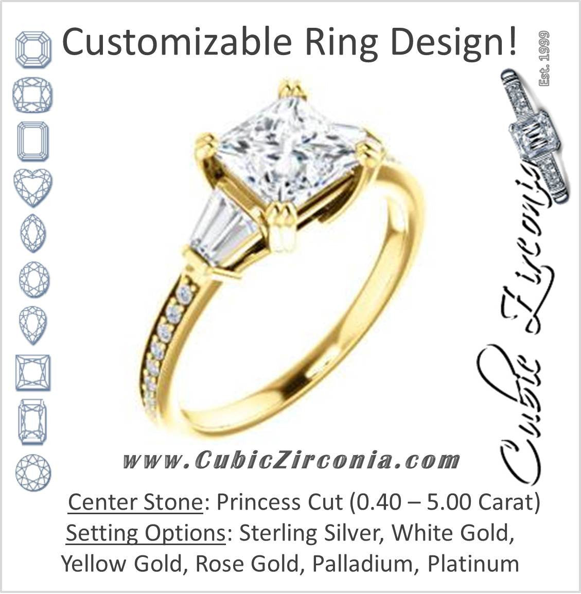 Cubic Zirconia Engagement Ring- The Hazel Rae (Customizable Princess Cut Design with Quad Baguette Accents and Pavé Band)