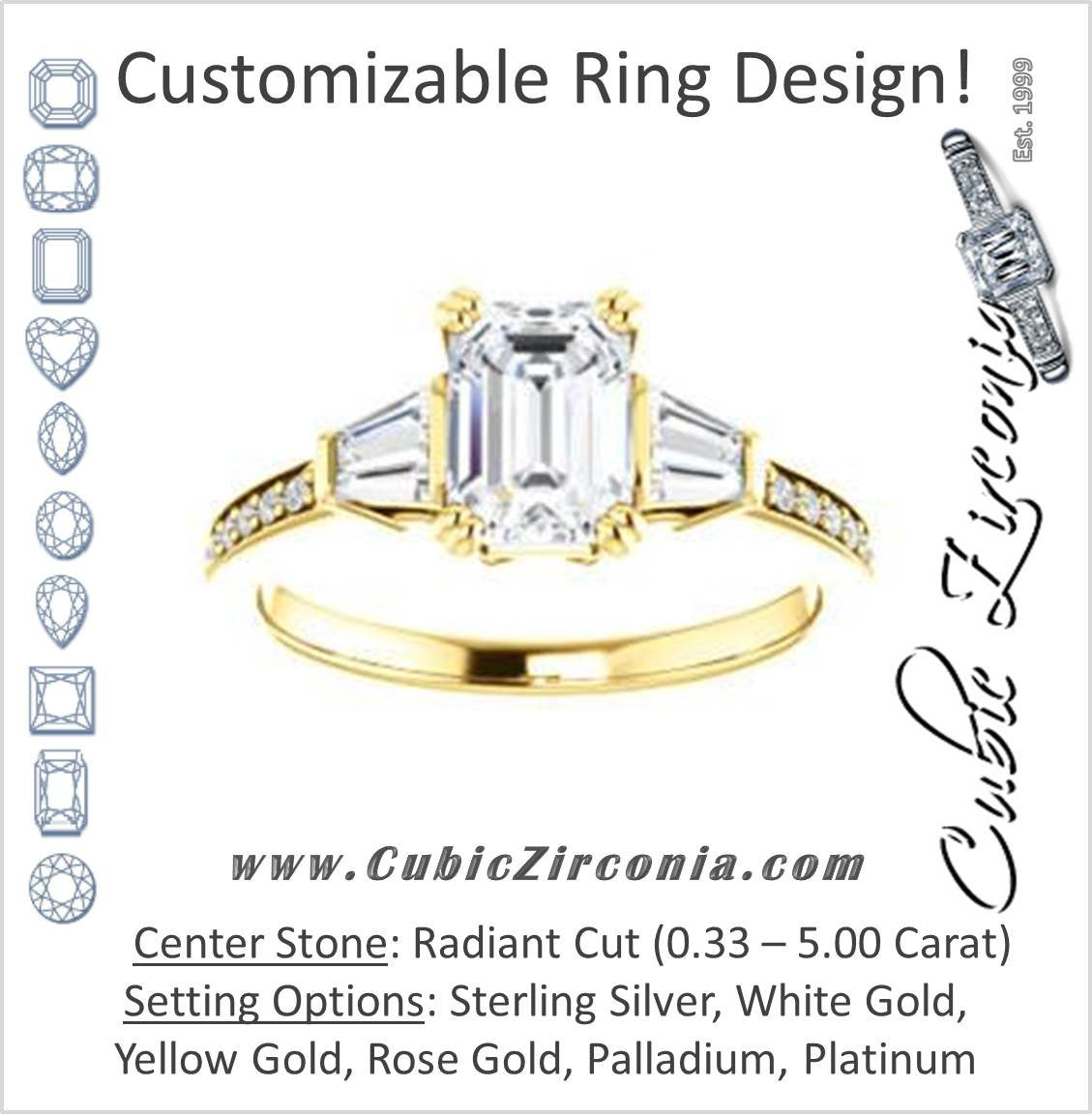 Cubic Zirconia Engagement Ring- The Hazel Rae (Customizable Radiant Cut Design with Quad Baguette Accents and Pavé Band)