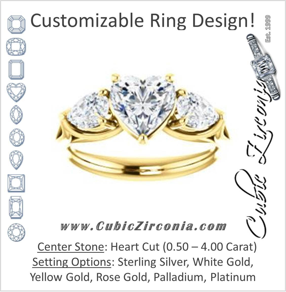 Cubic Zirconia Engagement Ring- The Ila (Customizable 3-stone Design with Heart Cut Center, Pear Accents and Split Band)