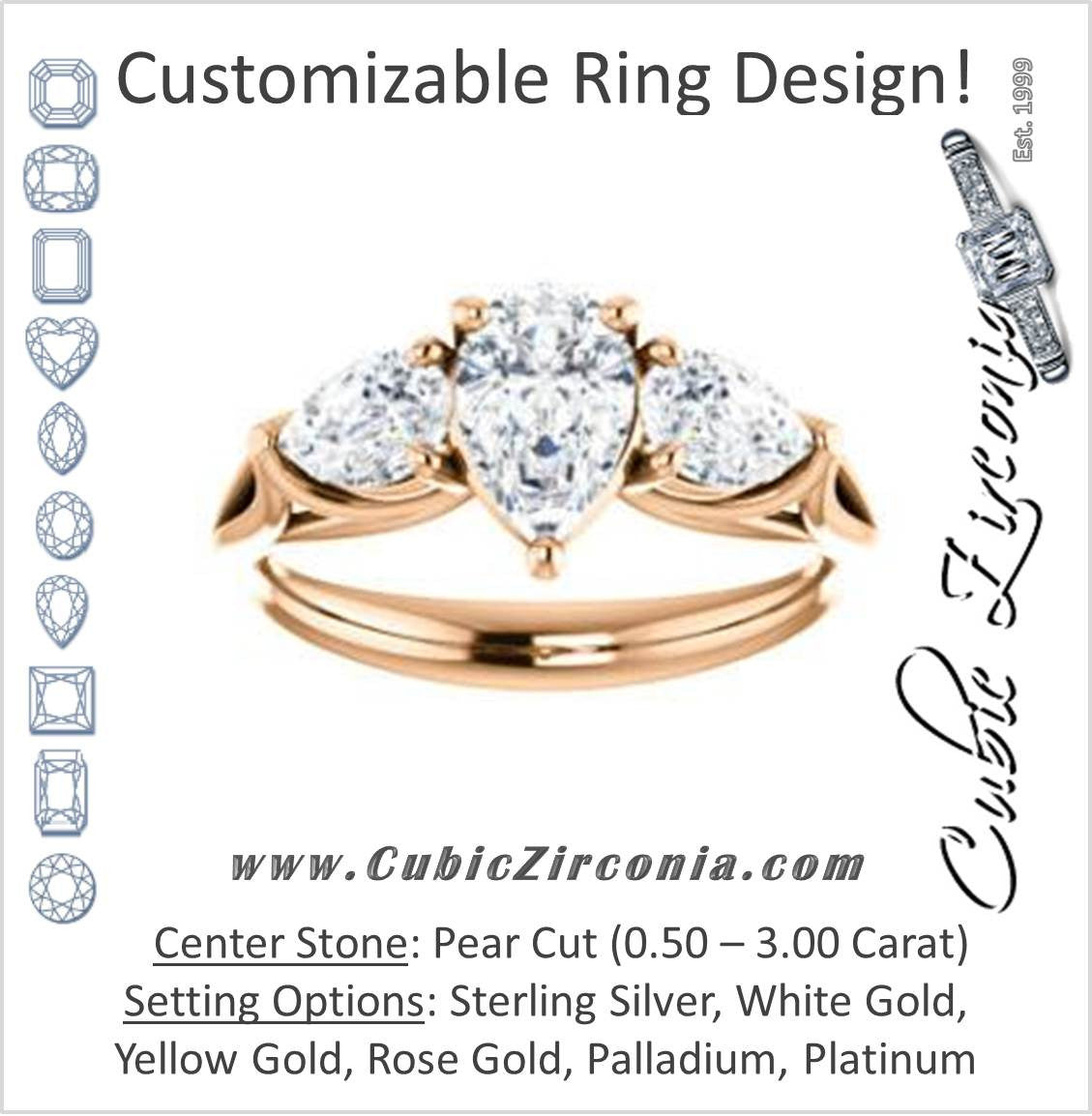 Cubic Zirconia Engagement Ring- The Ila (Customizable 3-stone Design with Pear Cut Center, Pear Accents and Split Band)