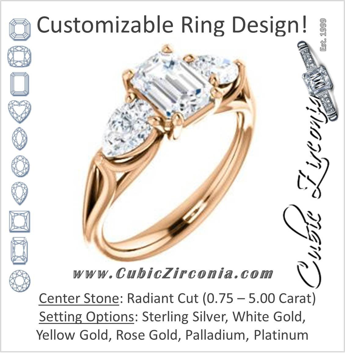 Cubic Zirconia Engagement Ring- The Ila (Customizable 3-stone Design with Radiant Cut Center, Pear Accents and Split Band)