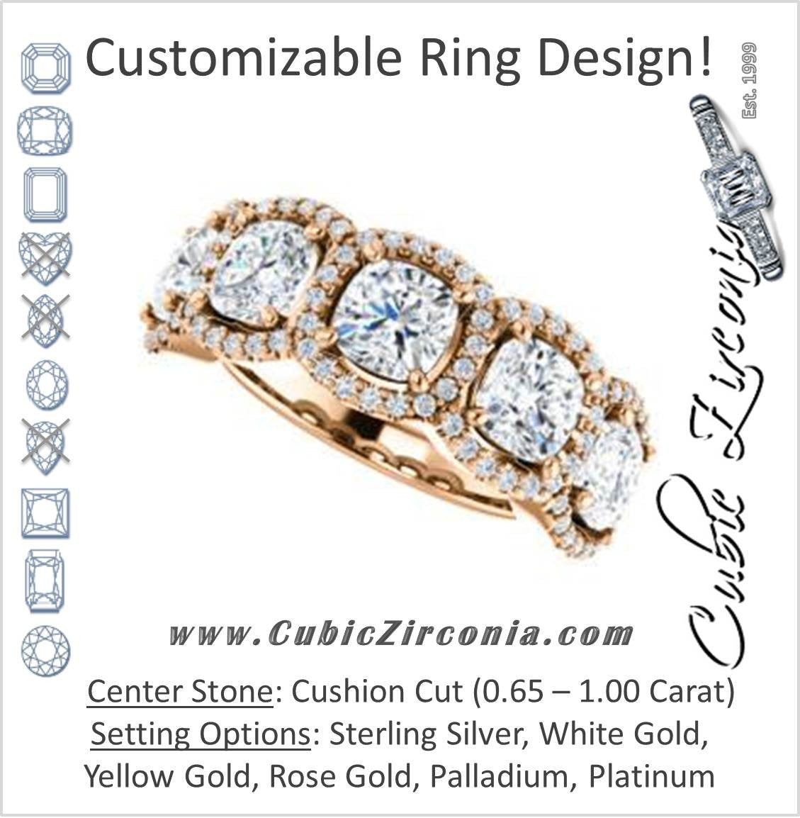 Cubic Zirconia Engagement Ring- The Isla (Customizable Cushion Cut 5-stone + Multi-Halo Style)