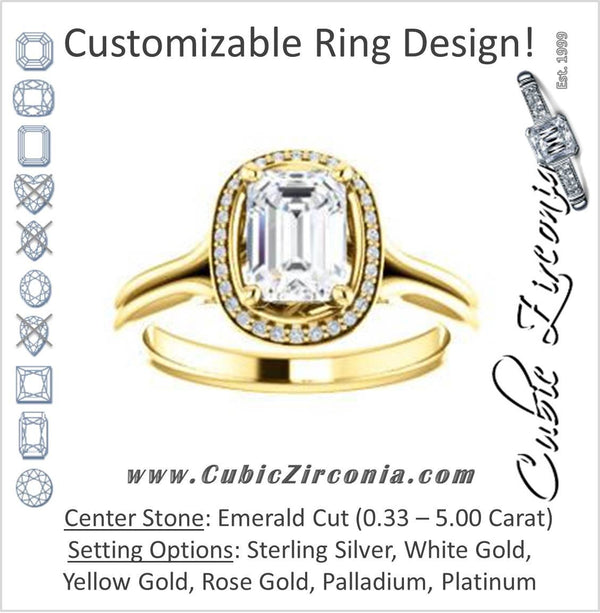 Cubic Zirconia Engagement Ring- The Jaci (Customizable Cathedral-set Emerald Cut Design with Split-Band and Halo Accents)