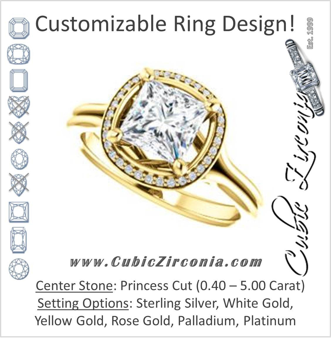 Cubic Zirconia Engagement Ring- The Jaci (Customizable Cathedral-set Princess Cut Design with Split-Band and Halo Accents)