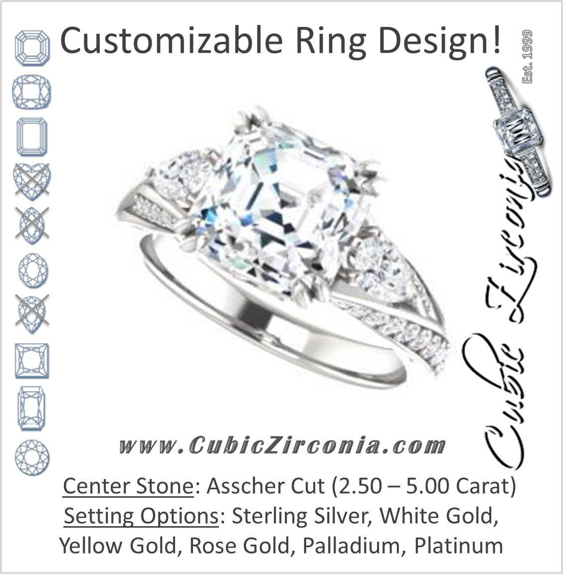 Cubic Zirconia Engagement Ring- The Jackie (Customizable Asscher Center with Flanking Pear Accents and Pavé Band)